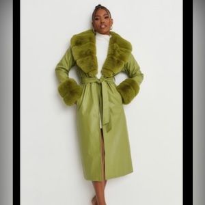 Misguided x Carly Bybel green leather and fur coat